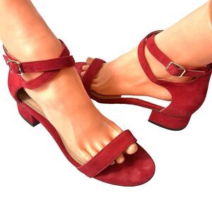 Lauren Ralph Lauren Sandal Womens 8.5B Open Toe Ankle Strap Red Leather Low Heel